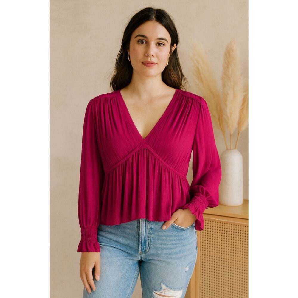 Lucky Brand Boho Pleated Peasant Western Blouse Size M Long Sleeve V Neck Berry